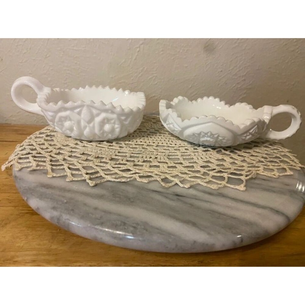 Mismatched Pair Vintage Fostoria Milk Glass Handled Nappy Dishes